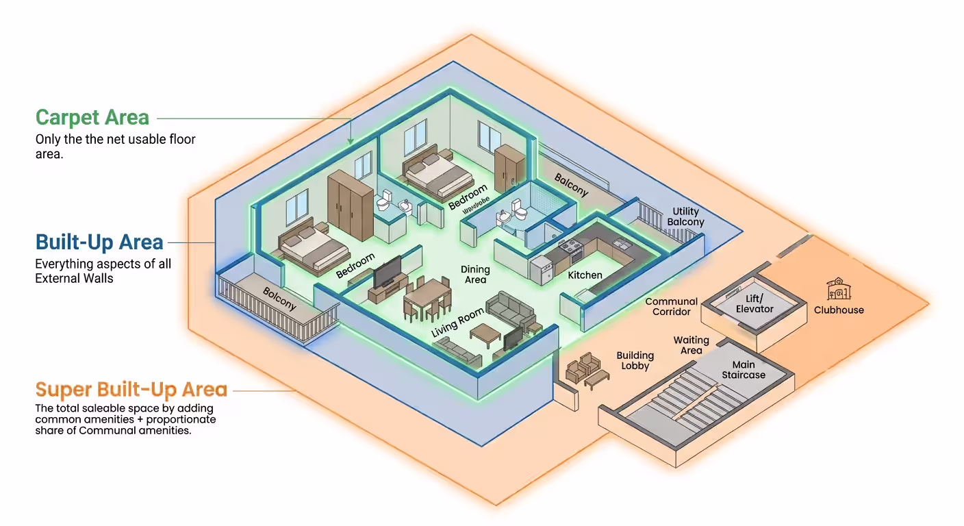 Carpet Area vs Built-Up vs Super Built-Up Area: Complete RERA Guide (2026)
